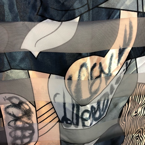 Picasso blue silky illustrated stripe square scarf - Picture 4 of 7